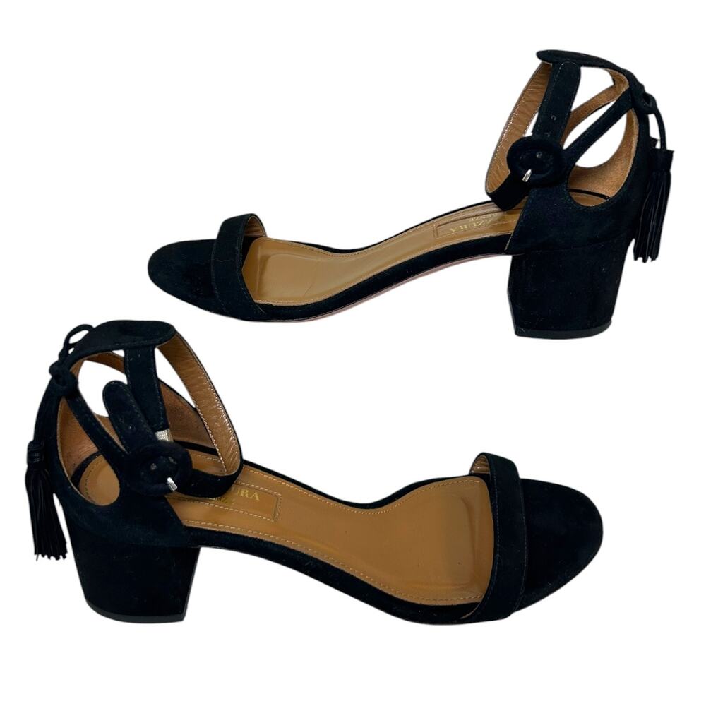 Aquazzura Strappy Block Heel Sandals, Suede Bow Tassels Black SZ 36.5 EU, 6.5 US